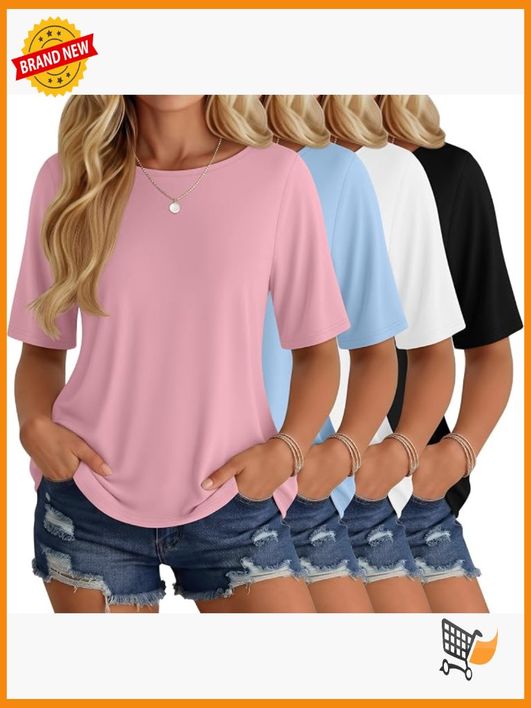 4 Pack Women's Half Sleeve Tee Oversized Round Neck Summer Casual Tops